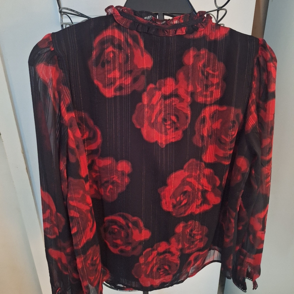 Black and Red Ruffled Blouse with Long Sleeves
